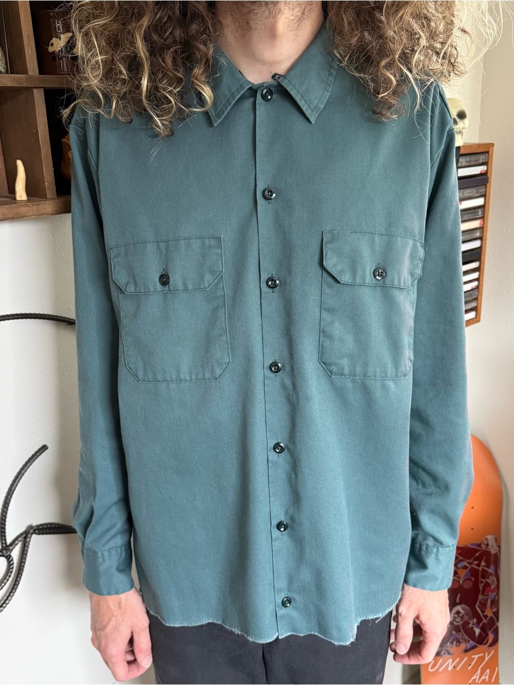 Vintage 90s 2000s Dickies Cropped Lincoln Green L/S Work Shirt ~ Size Large